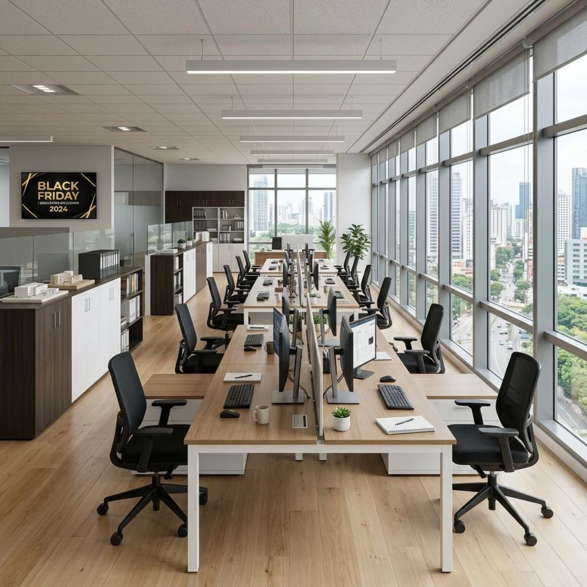 Una oficina empresarial amplia con varios puestos de trabajo equipados con mesas y sillas ergonómicas modernas.